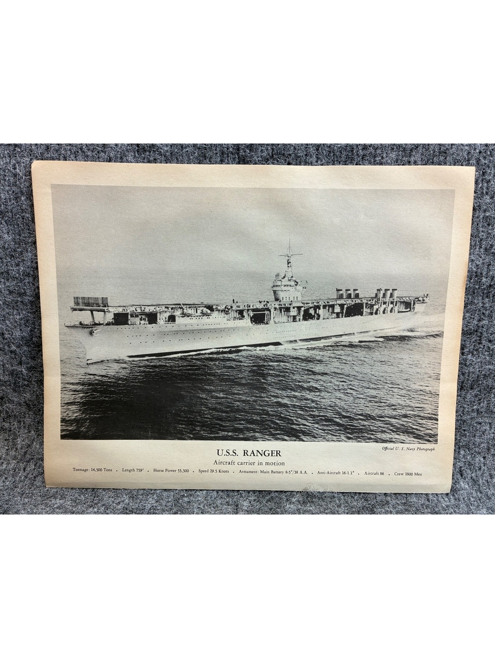 Vintage U.S.S. Ranger Aircraft Carrier Official Navy Photograph Print